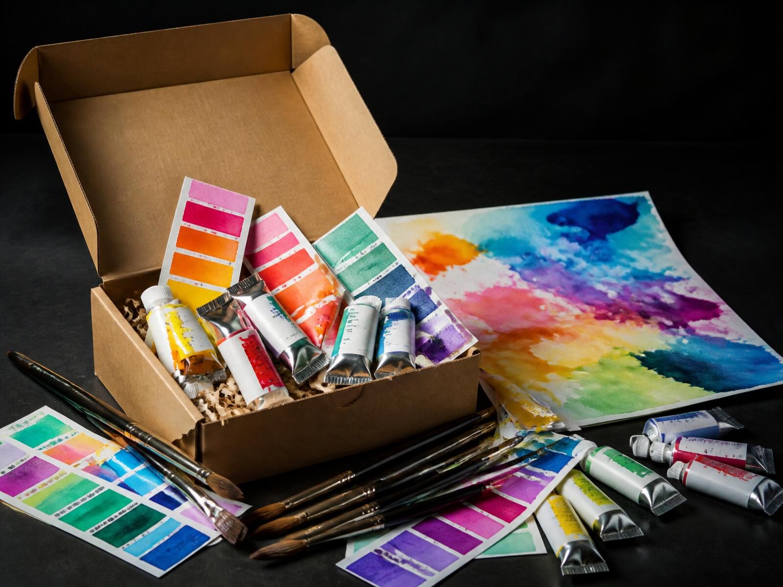 An open Artist in Residence box filled with professional art supplies